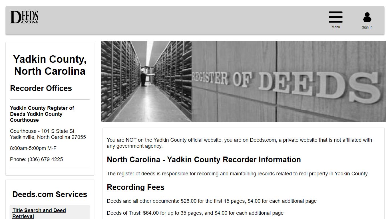 Yadkin County Recorder Information North Carolina - Deeds.com